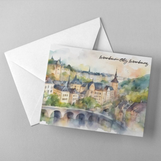 Cartão Postal Luxembourg City Watercolor Painting Panorama View (Luxembourg City Watercolor Painting Panorama View Postcard)