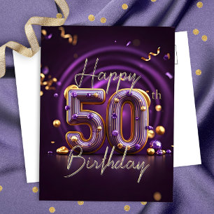 Cartão Postal Luxo Glamour Roxo e Dourado 50º Aniversário