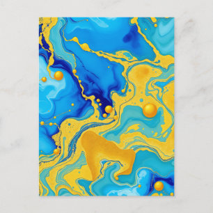 Cartão Postal Luxuoso Azul e Dourado Abstrato de Tinta Alcoólica