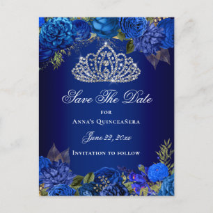 Cartão Postal Luxury Royal Blue Floral Quinceanera Salvar Data