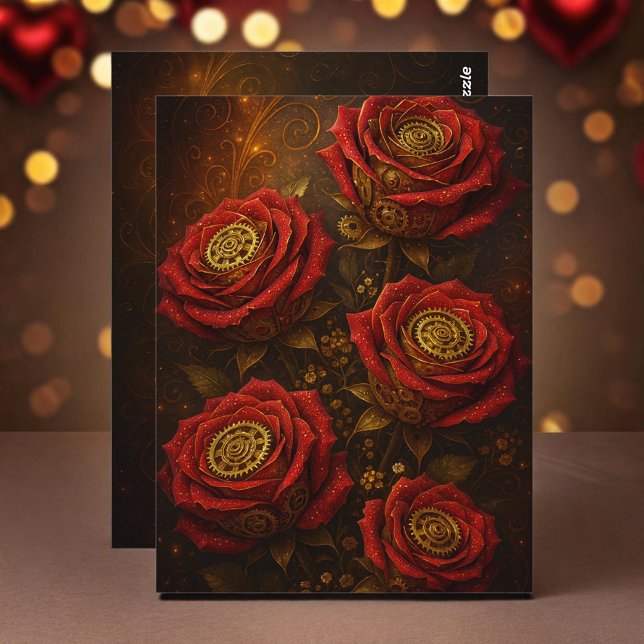 Cartão Postal Luxury Steampunk Roses Romantic Gold Gears (Criador carregado)