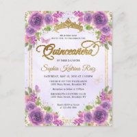 Luz Floral Elegante Roxo Dourado Tiara Quinceañera