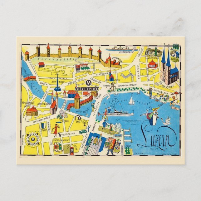 Cartão Postal Luzerna Suíça Mapa Colorido (Frente)