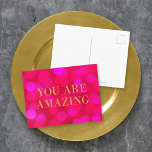 Cartão Postal Luzes De Boque Cor De Rosa Cinzenta Faltam Dourado<br><div class="desc">Cartão postal motivacional chic com as palavras "Você é incrível" em folha de ouro falsa contra um padrão de luz cor-de-rosa. Para adicionar texto ao cartão, clique no botão "Personalizar". *Observe que a Marca d'água do Zazzle que aparece na visualização de zoom NÃO aparecerá no produto impresso final. © Rosewood...</div>
