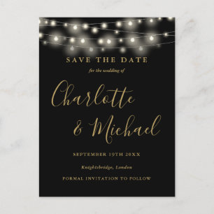 Cartão Postal Luzes de Corda Casamento Preto e Dourado Save the