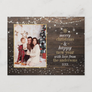 Cartão Postal Luzes de Corda & Neve Foto de Natal em Madeira R