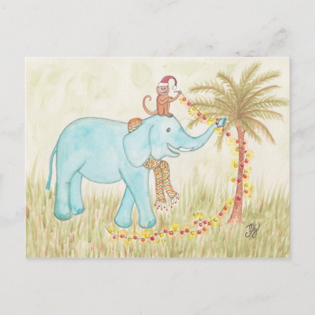 Cartão Postal Luzes de Natal de Elefante e Macaco (Frente)