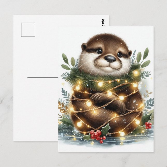 Cartão Postal Luzes de Natal de Lontra em Aquarela (Frente/Verso)