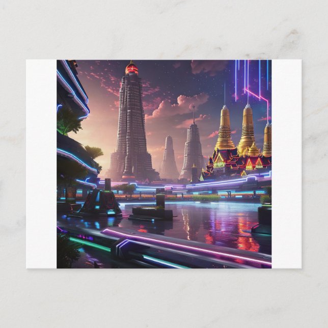 Cartão Postal Luzes de Neon Vibrantes de Cyberpunk Bangkok (Frente)