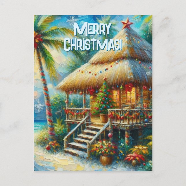Cartão Postal Luzes de praia de palmeira de Natal Tropical (Frente)