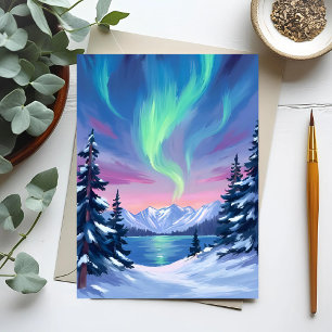 Cartão Postal Luzes do Norte   Aquarela de Inverno nas Montanhas