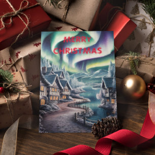 Cartão Postal Luzes do Norte Sobre o Natal de uma Casa Encantado