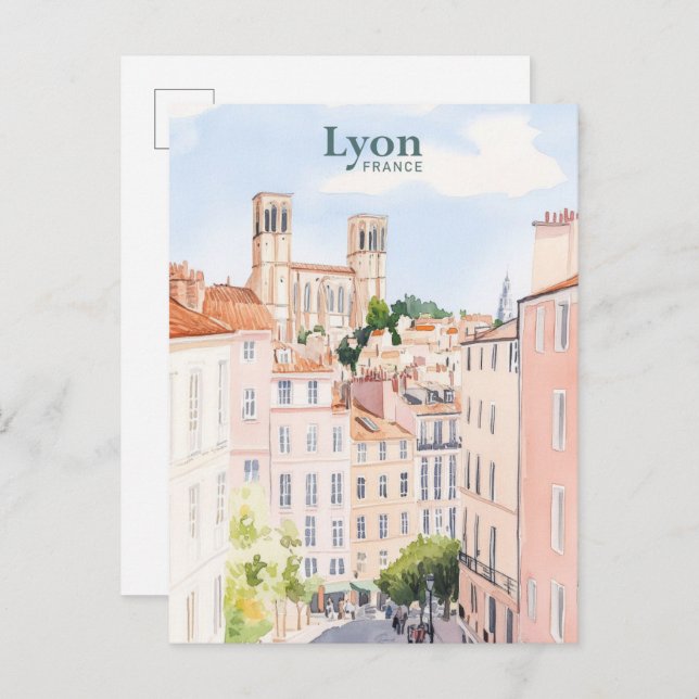Cartão Postal Lyon França Gouache Paint Viagem (Frente/Verso)