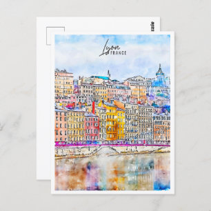 Cartão Postal Lyon França Viagem Place Watercolor