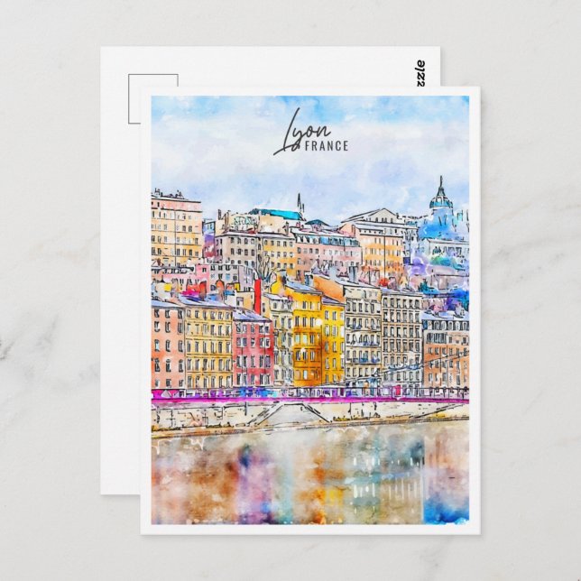 Cartão Postal Lyon França Viagem Place Watercolor (Frente/Verso)