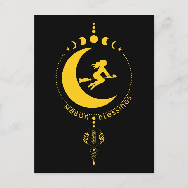 Cartão Postal Mabon Blessings, bruxa, lua, trigo (Frente)