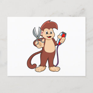 Cartão Postal Macaco como Cabeleireiro com Tesoura e Navalha