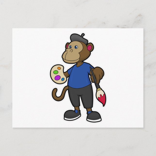 Cartão Postal Macaco como Pintor com Tinta & Pincel (Frente)