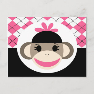 Cartão Postal Macaco de Meia de Menina Bonita Argyle Rosa e Pret