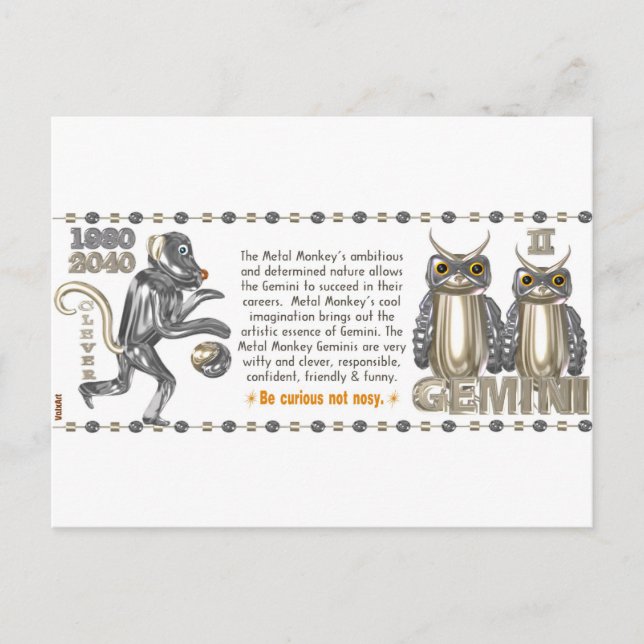 Cartão Postal Macaco de Metal zodíaco nascido Gémeos 1980 (Frente)