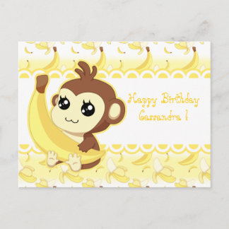 Cartão Postal Macaco-gato-do-kawaii a segurar bananas