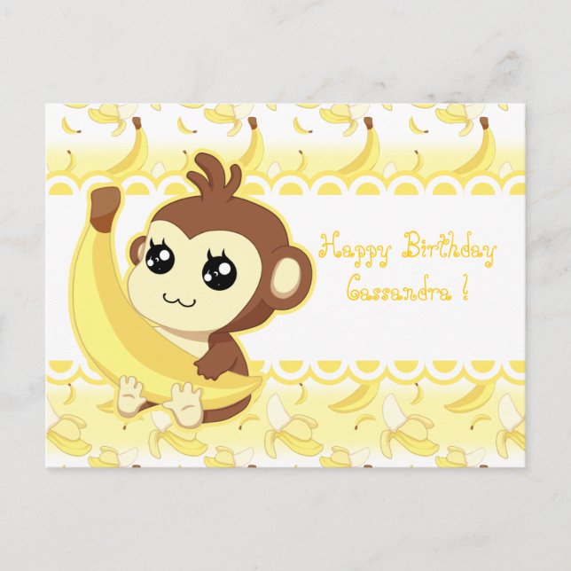 Cartão Postal Macaco-gato-do-kawaii a segurar bananas (Frente)