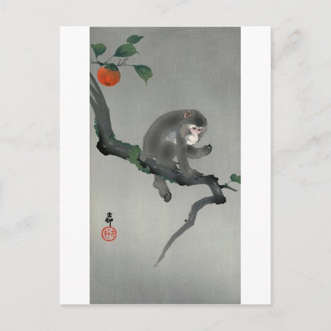 Cartão Postal Macaco na árvore de caqui, Ohara Koson (Frente)