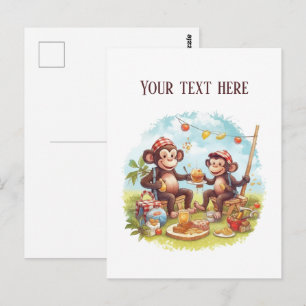 Cartão Postal Macacos divertidos de piquenique adicionam texto