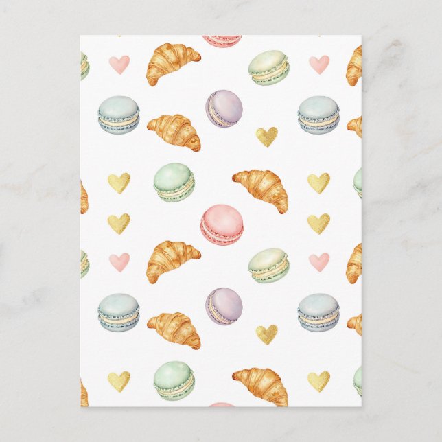 Cartão Postal Macarons e Croissants Pastéis Padrão Contínuo (Frente)