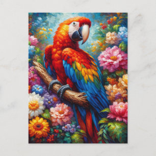 Cartão Postal Macaw com Flores Coloridas