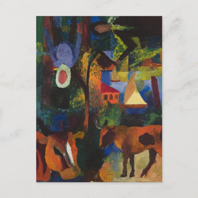 Cartão Postal Macke - Paisagem com Vacas, Navegação, e... (Frente)