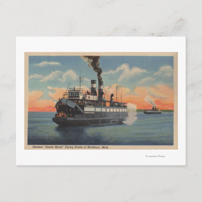 Cartão Postal Mackinac, MI - Vista do Navio a vapor de Sainte Ma (Frente)
