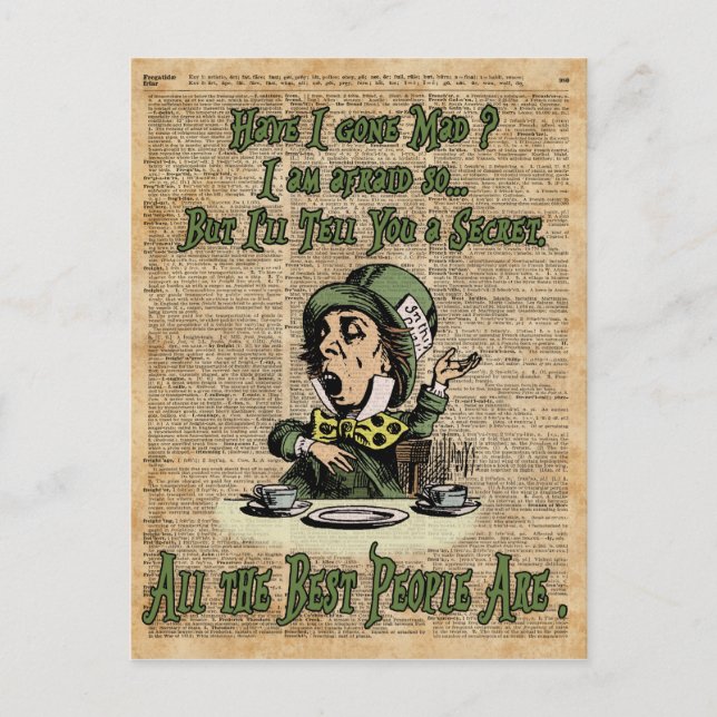 Cartão Postal Mad Hatter,Alice No País Das Maravilhas,Quote Vint (Frente)