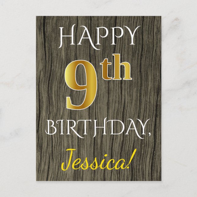 Cartão Postal Madeira Falsa, Ouro Falso Aniversário de 9 anos +  (Frente)