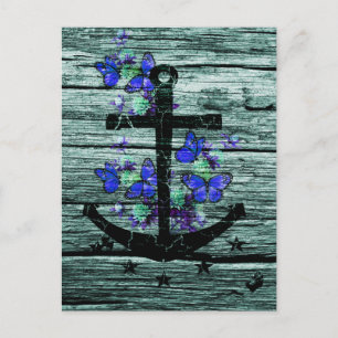 Cartão Postal Madeira Vintage e Anchor Preto com Borboletas Azui
