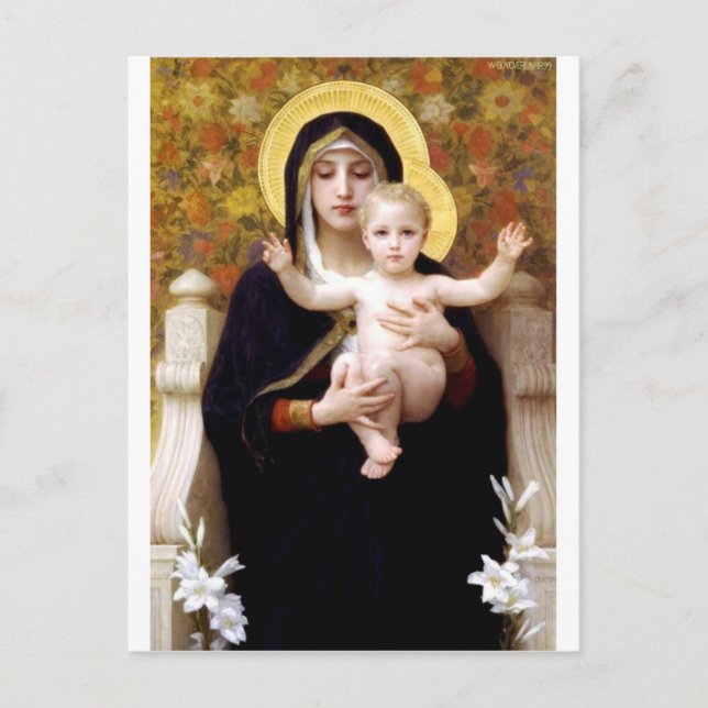 Cartão Postal Madona com a pintura antiga de lírios Bouguereau (Frente)