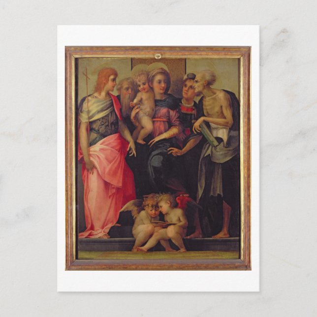 Cartão Postal Madonna e Child com Santos, c.1518 (óleo no painel (Frente)