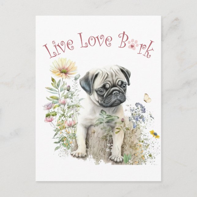 Cartão Postal Mãe de Cachorro Pug Floral (Frente)