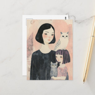 Cartão Postal Mãe e Filha Com Gato e Coruja Gato