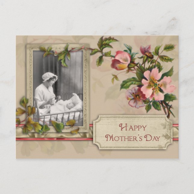 Cartão Postal Mãe e Filho Antigos com Flores (Frente)