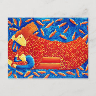 Cartão Postal Mãe e Filho com Peixe Dourado Pintura de Arte Mode