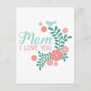 Cartão Postal Mãe eu amo você texto em design floral de pássaro