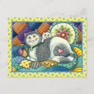 CARTÃO POSTAL MÃE GATO E COZINHO, TRABALHOS DE PATCHWORK, PINCU