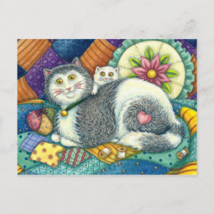 CARTÃO POSTAL MÃE GATO E COZINHO, TRABALHOS DE PATCHWORK, PINCU