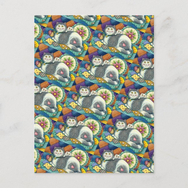 CARTÃO POSTAL MÃE GATO E COZINHO, TRABALHOS DE PATCHWORK, PINCUS (Frente)