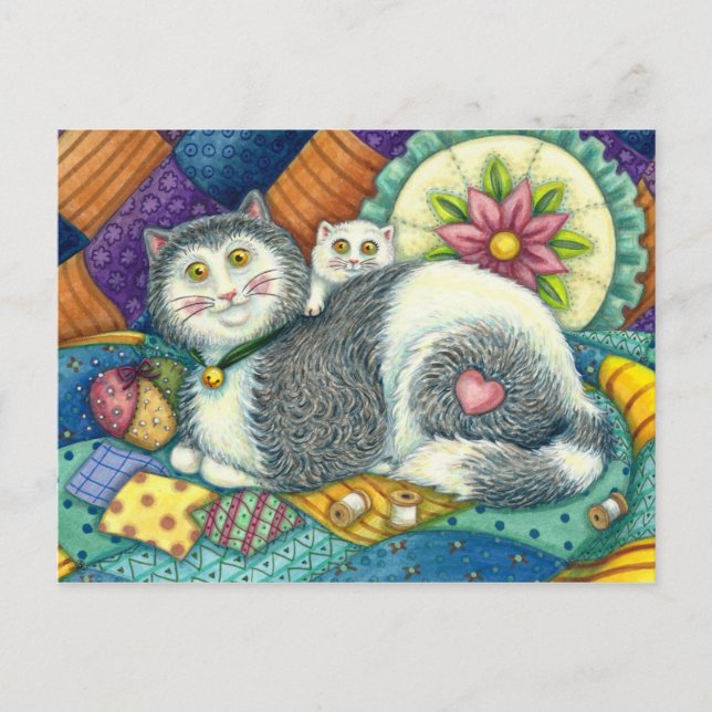 CARTÃO POSTAL MÃE GATO E COZINHO, TRABALHOS DE PATCHWORK, PINCUS (Frente)