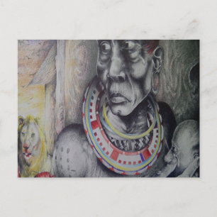 Cartão Postal Mãe Massai & Criança com Arte de Leão Impressão/Gr