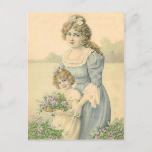 Cartão Postal Mãe Vitoriana e Filha Colhendo Flores Dia das Mães