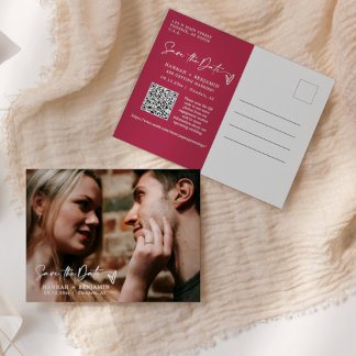 Cartão Postal Magenta Elegante Simples Salve a Data QR Code Foto