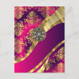 Cartão Postal Magenta rosa quente e damasco dourado